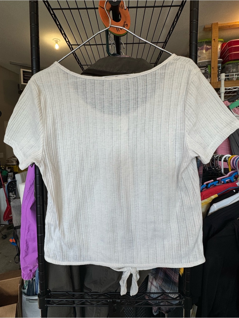 Hem & Thread Cream Ribbed Button-Front Tie Hem Crop Top - Picture 2 of 3